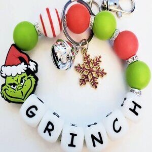 Handmade Glow Holiday Grinch Silicone Focal Bead Wristlet Keychain Bracelet